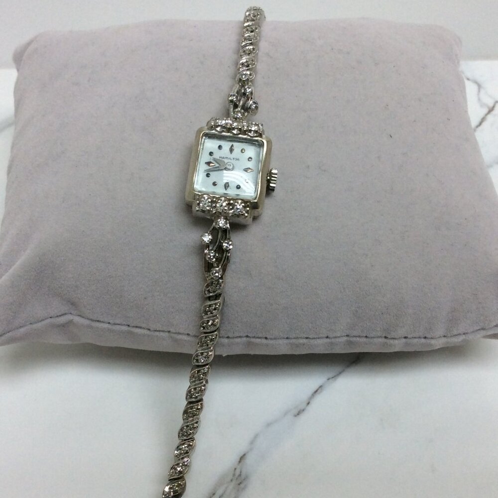 VINTAGE LADY'S 14K REAL SOLID WHITE GOLD HAMILTON WINDUP DIAMOND WATCH 17.40GR
